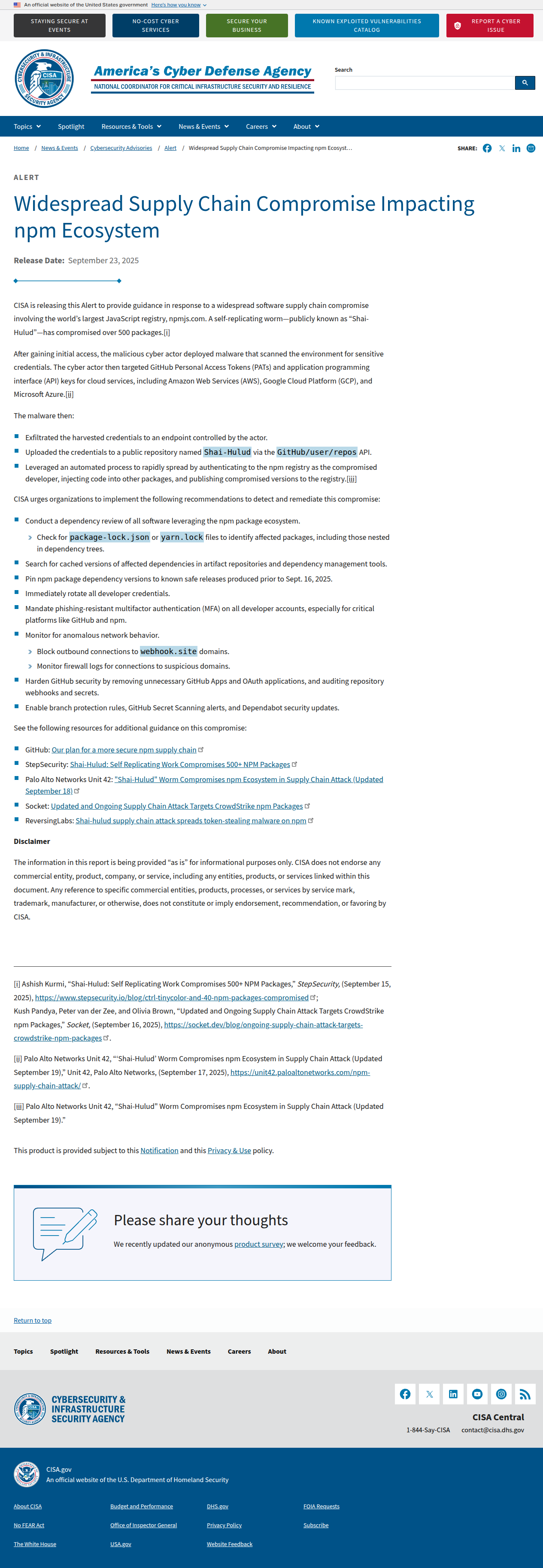 CISA advisory on the Shai-Hulud npm compromise